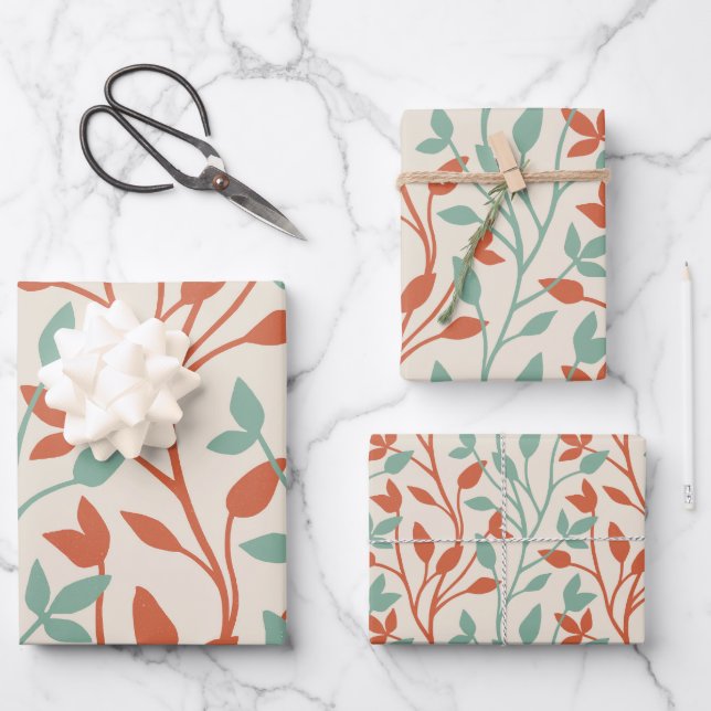 Modern Orange & Sage Botanical Vine Pattern Geschenkpapier Set (Vorderseite)