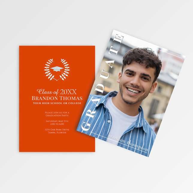 Modern Orange Vertical Name Graduation Photo Card Einladung (Class of 2026 graduation party card with orange back and elegant laureate cap design.)
