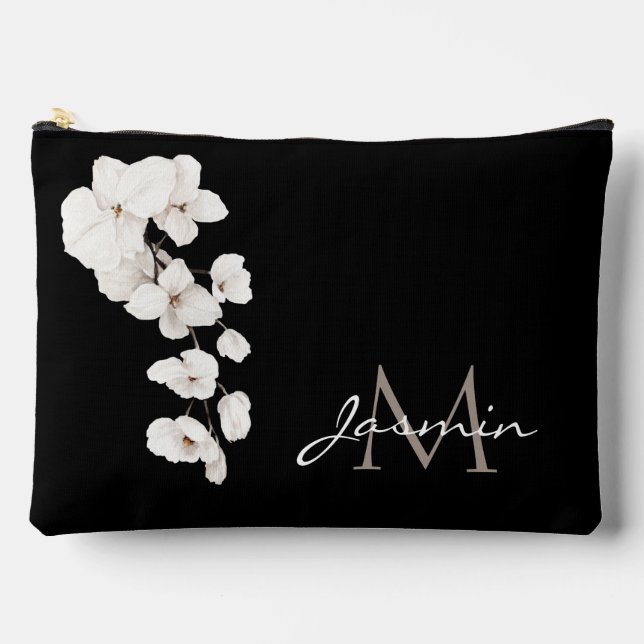 Modern Orchid Monogram Black and White Zubehörtasche (Vorderseite)