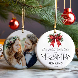 Modern Our First Christmas als Mr. and Mrs. Foto Keramik Ornament