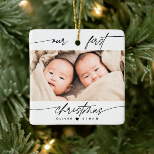 Modern Our First Christmas Foto New Parters Twins Keramikornament