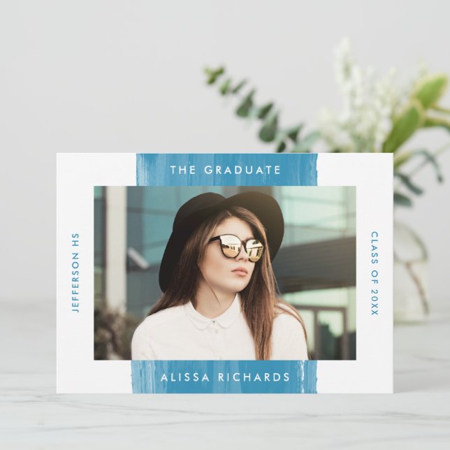 Modern Painted Blue 2 Foto Graduation Party Einladung (Stehend Vorderseite)