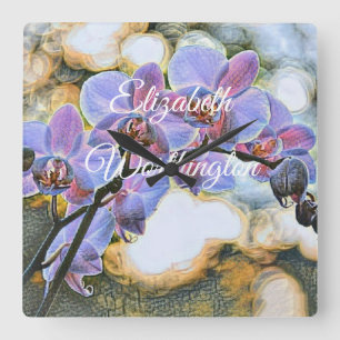Modern Painting Purple Blue Orchid Flowers  Quadratische Wanduhr