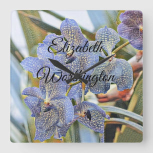 Modern Painting Purple Blue Orchid Flowers   Quadratische Wanduhr