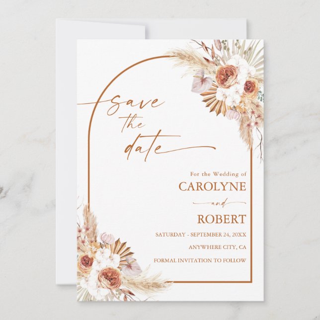 Modern Pampas Grass Boho Terracotta Wedding Save The Date (Vorderseite)
