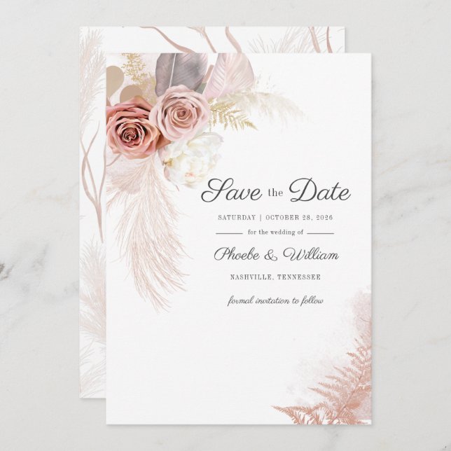 Modern Pampas Grass Floral Script Terracotta auf d Save The Date (Vorne/Hinten)