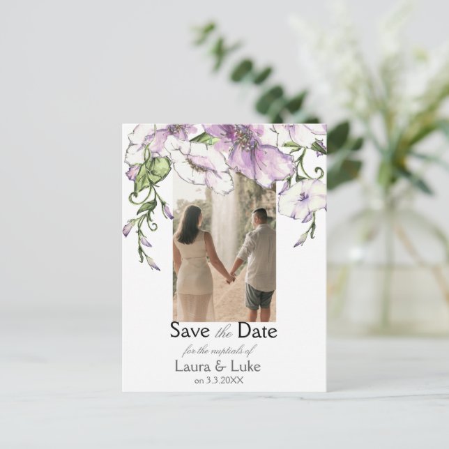 Modern Pansy Save the Date Postkarte (Stehend Vorderseite)