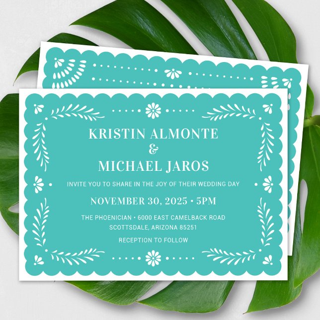 Modern Papel Picado Mexikanischer Hochzeitsempfang Einladung (Modern Papel Picado Wedding Invitation In Turquoise)