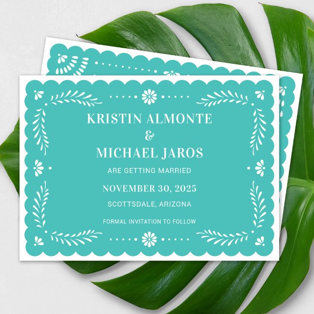 Modern Papel Picado Save the Date Einladung (Modern Papel Picado Save The Date in Turquoise)