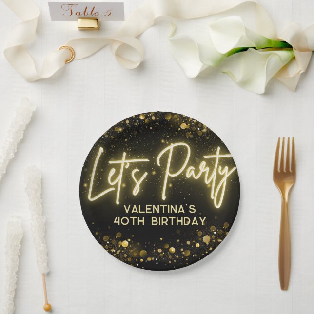 Modern Party Schwarz und goldenes Neonglühen Pappteller (Hochzeit)