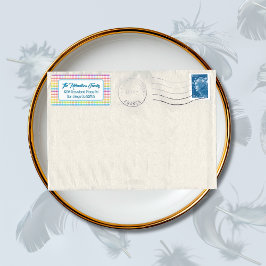 Modern Pastel Gingham Rainbow Baby Shower Party Adressaufkleber