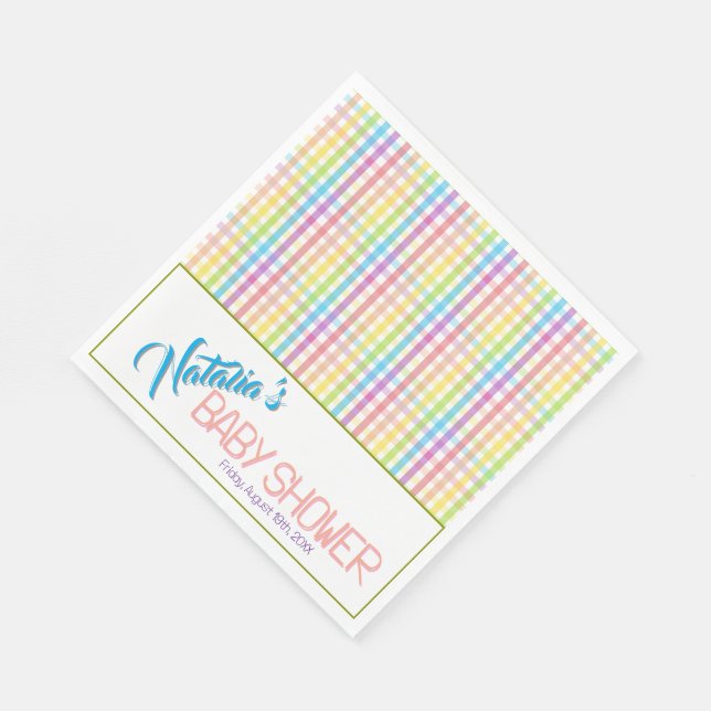 Modern Pastel Plaid Rainbow Baby Shower Party Serviette (Ecke)