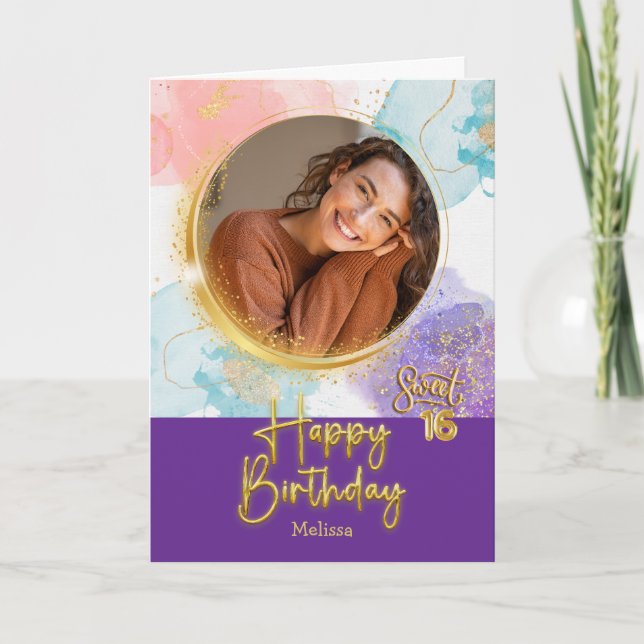 Modern Pastel Sweet 16 Photo & Name Birthday Karte (Vorderseite)