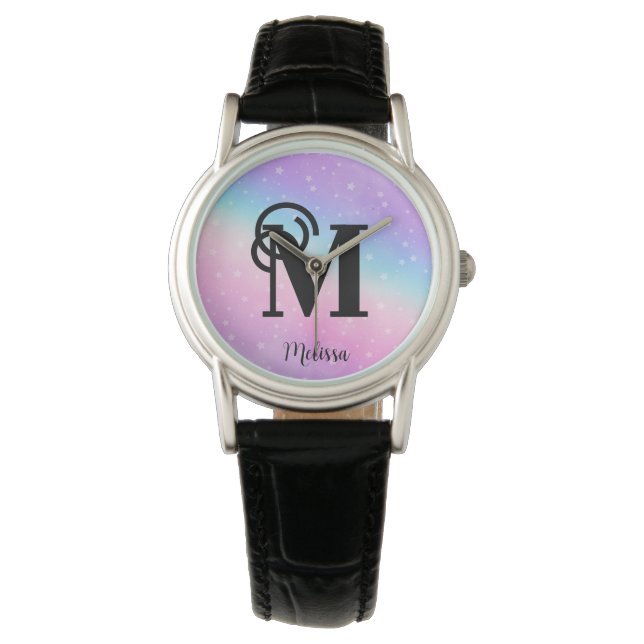 Modern Pastell Pink Lila Monogram Name Armbanduhr (Vorderseite)