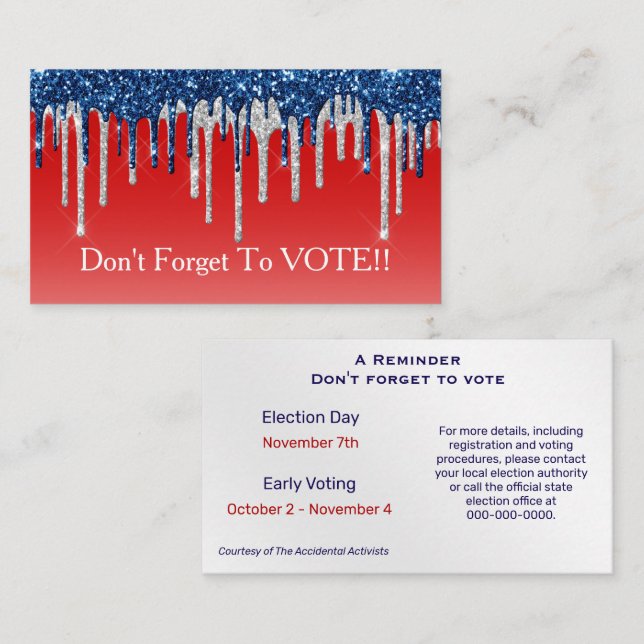 Modern Patriotic Glitter Drip Vote Reminder Visitenkarte (Vorne/Hinten)