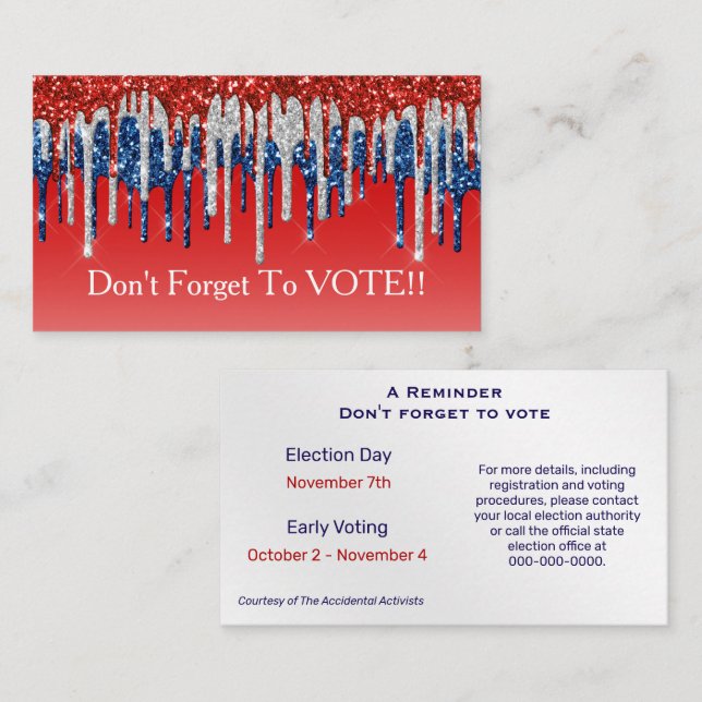 Modern Patriotic Glitter Drip Vote Reminder Visitenkarte (Vorne/Hinten)