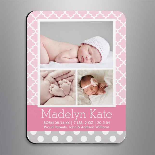 Modern Pattern Baby Girl Pink Grau Foto Birth Magnet (Von Creator hochgeladen)
