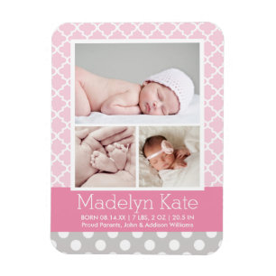 Modern Pattern Baby Girl Pink Grau Foto Birth Magnet