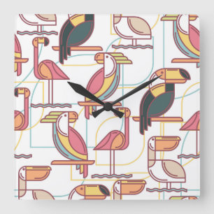 Modern Pattern With Tropical Birds Quadratische Wanduhr