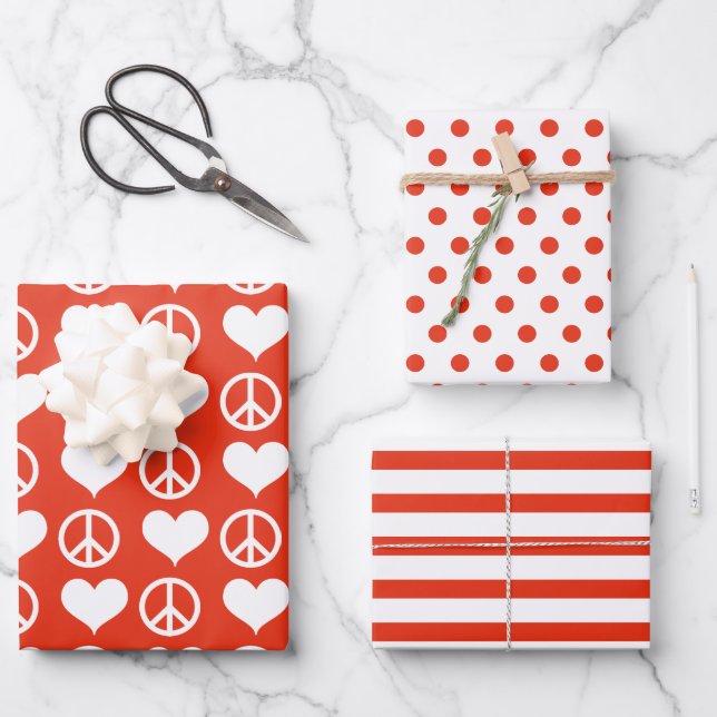 Modern Peace + Liebe Red White Christmas Holiday Geschenkpapier Set (Vorderseite)