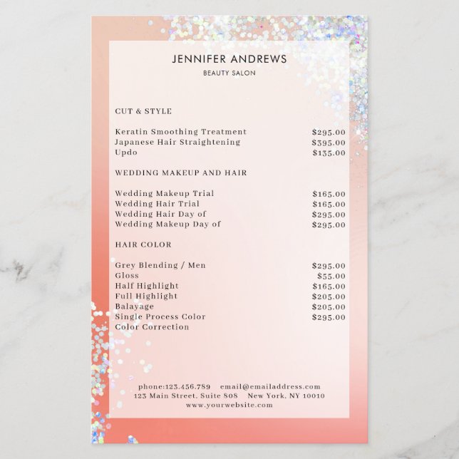 Modern Peach Silver Glitter Salon Price List Flyer (Vorne)