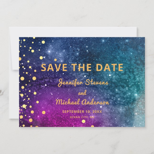 Modern Peacock Blue Gold Wasserfarbenhochzeit Save The Date (Vorderseite)