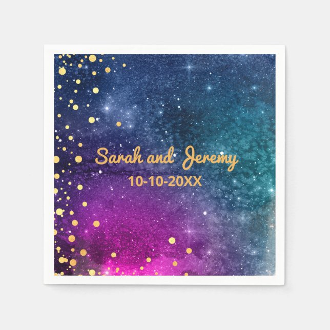 Modern Peacock Blue Gold Wasserfarbenhochzeit Serviette (Vorderseite)