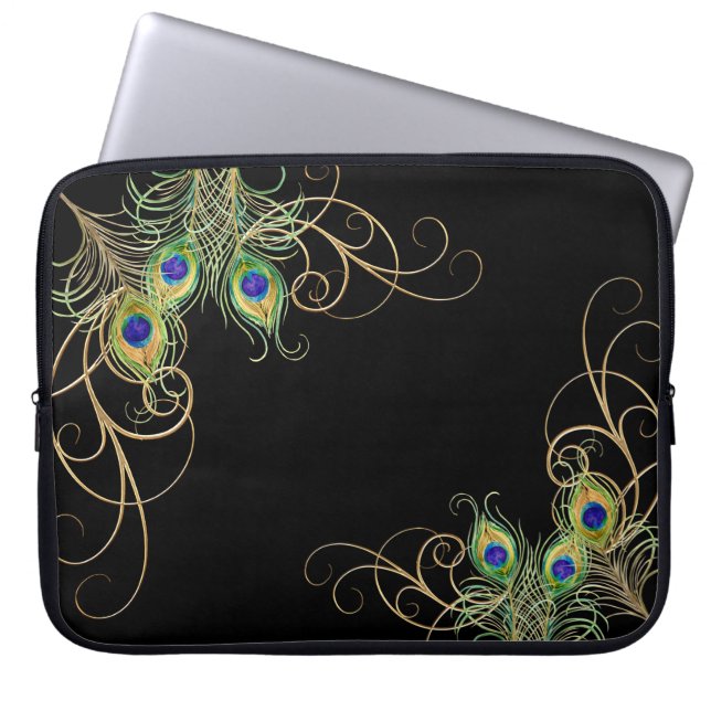 Modern Peacock Feathers Gold Swirl Name Laptopschutzhülle (Vorderseite)