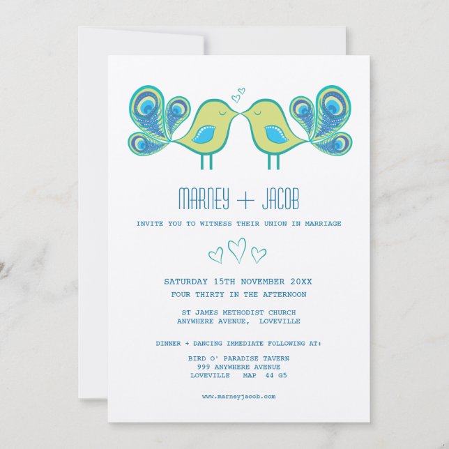 Modern Peacock Love Birds Wedding Monogram Einladung (Vorderseite)