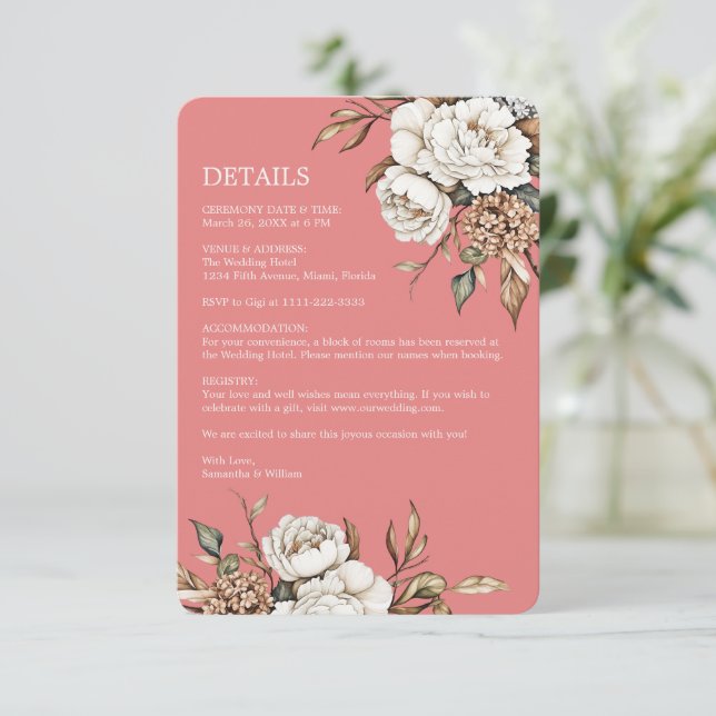 Modern Peony & Hydrangea Coral Pink Wedding Begleitkarte (Stehend Vorderseite)