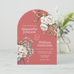 Modern Peony & Hydrangea Coral Pink Wedding Einladung