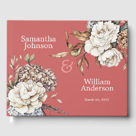 Modern Peony & Hydrangea Coral Pink Wedding Gästebuch