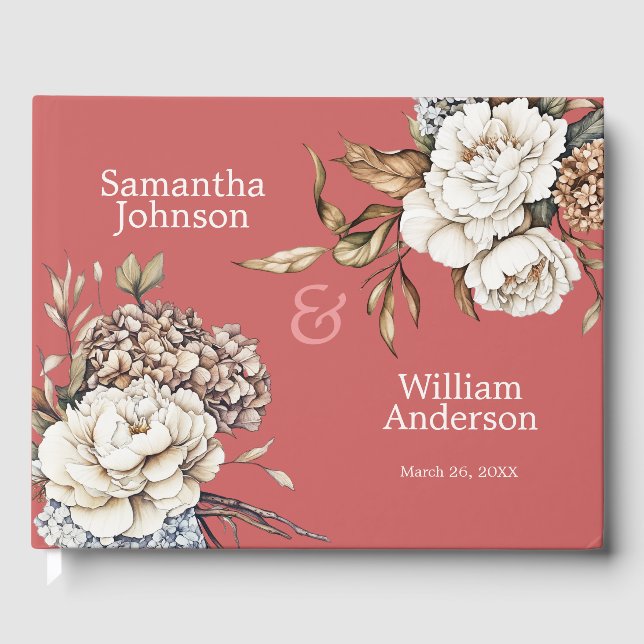 Modern Peony & Hydrangea Coral Pink Wedding Gästebuch (Vorderseite)