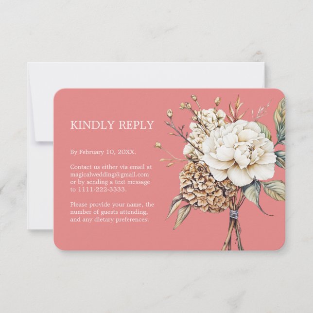 Modern Peony & Hydrangea Coral Pink Wedding RSVP Karte (Vorderseite)