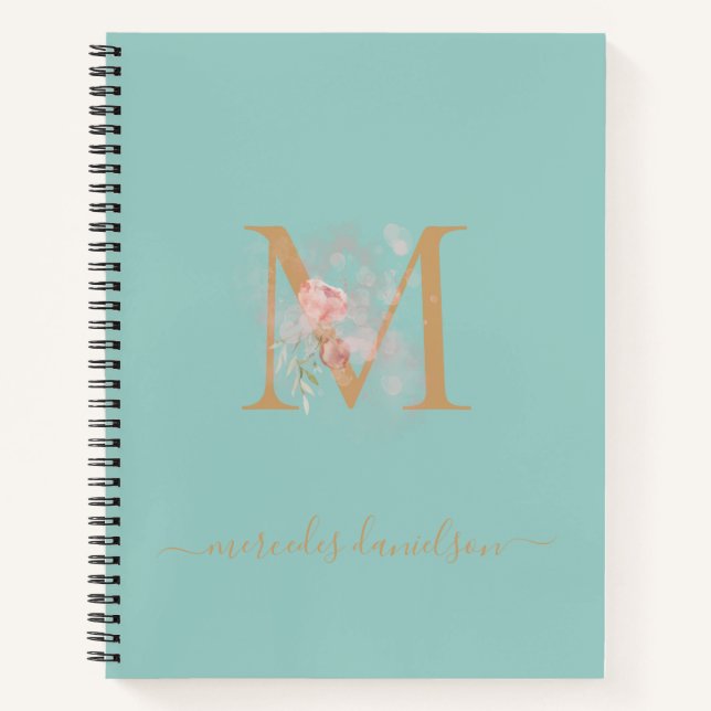 Modern Peppermint Green Floral Gold Mit Monogramm Notizbuch (Vorderseite)