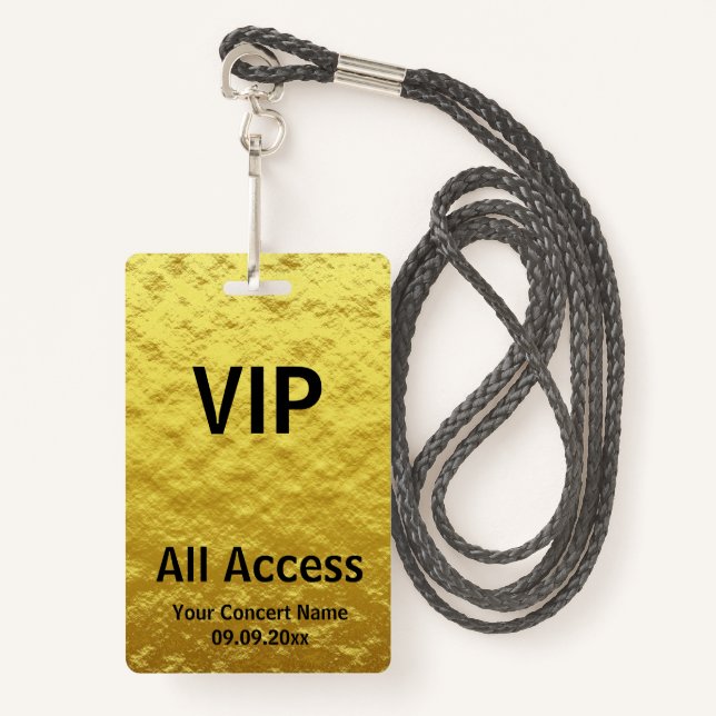 Modern Personalisiertes Gold Black VIP Zugang Ausweis (Vorderseite mit Schlüsselband)