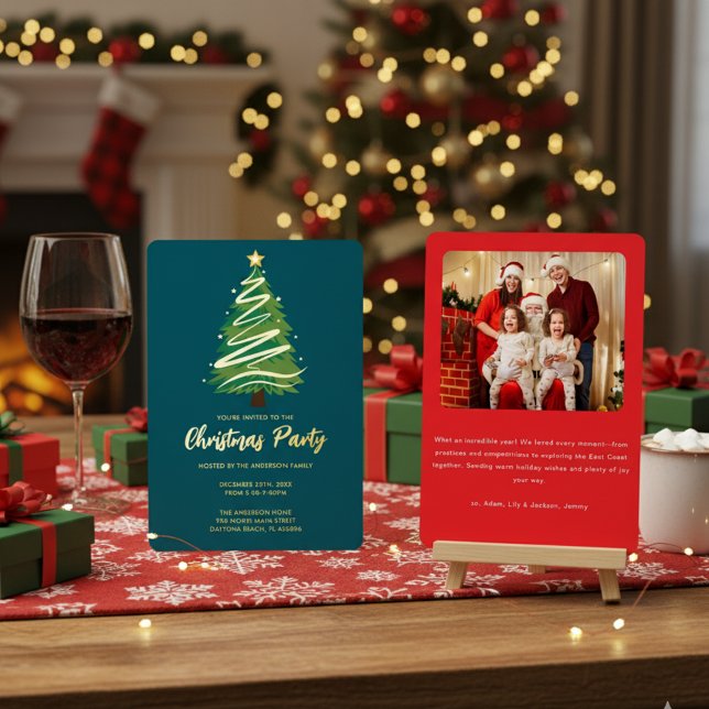 Modern Personalize Gold Red Green Tree Christmas  Folieneinladung (Von Creator hochgeladen)