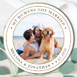 Modern Personalized Photo Just Married Wedding Runder Aufkleber<br><div class="desc">Add the finishing touch to your dog wedding announcements with these custom photo, and personalized 'My Humans Got Married stickers. Customize with your favorite photo,  names and date. COPYRIGHT © 2020 Judy Burrows,  Black Dog Art - All Rights Reserved. Modern Personalized Photo Just Married Wedding Classic Round Sticker</div>