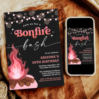 Modern Pfirsichrosa Bonfire Einladung, Bonfire Bas Einladung
