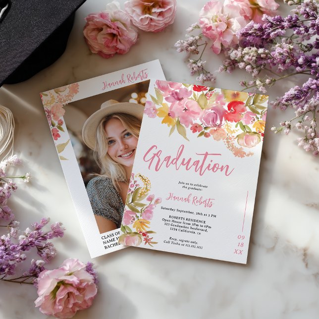 Modern photo Boho Pink Lavender floral graduation Einladung (Modern photo Boho Pink Lavender floral graduation Invitation)