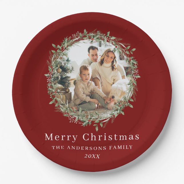 Modern photo Christmas wreath red Pappteller (Vorderseite)