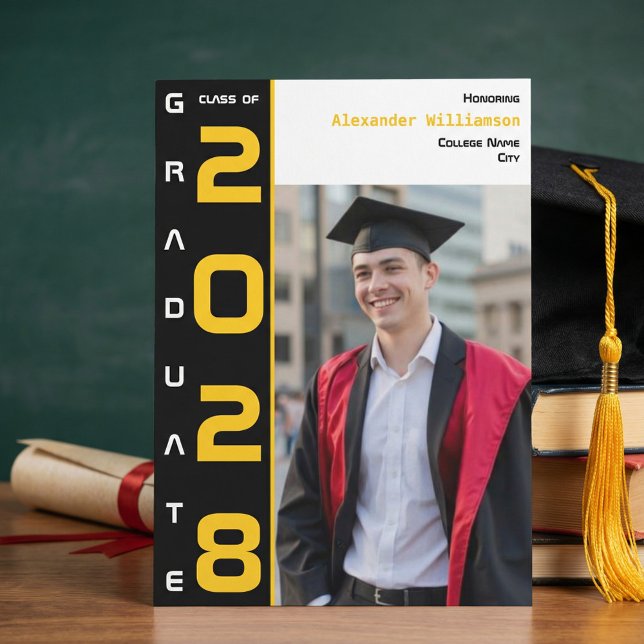 Modern Photo Gold Black Graduation Announcement Einladung (Von Creator hochgeladen)