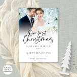 Modern Photo Overlay Our First Christmas Mr Mrs Feiertagskarte<br><div class="desc">Modern Photo Overlay Our First Christmas as Mr Mrs.  Available digitally and printed. Lovely to celebrate your 1st married Christmas. A playful set script for Our First Christmas and the rest of the text is easy to personalise. Replace the sample photo with your own favorite.</div>