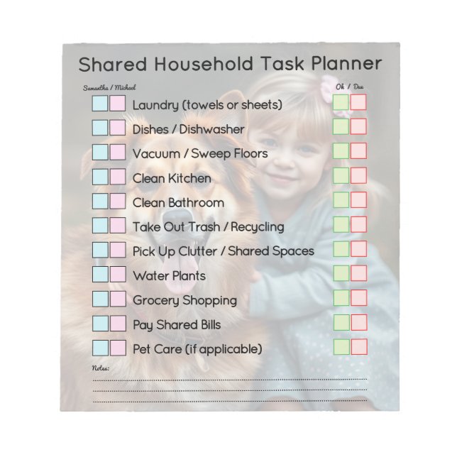 Modern Photo Shared Household Tasks Planner Notizblock (Vorderseite)