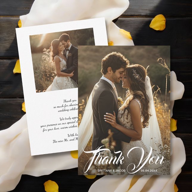Modern Photo Simple Wedding Dankeskarte (Modern wedding photos flat thank you cards, default size 5" x 7")