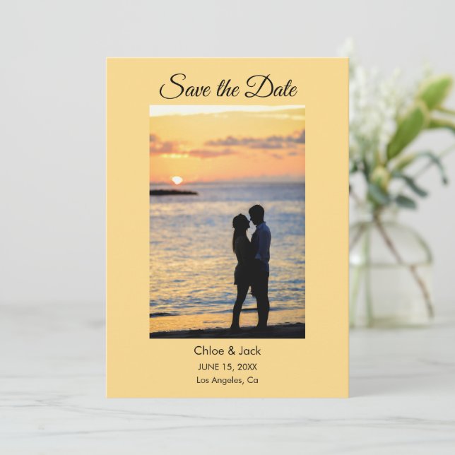 Modern Photo Yellow Orange Save The Date Card (Stehend Vorderseite)
