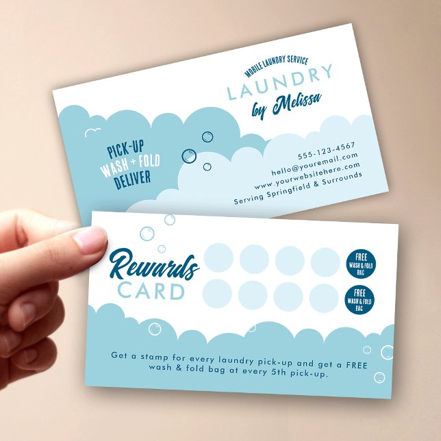 Modern Pick-Up Laundry Service Blue & White Treuekarte (Modern laundromat rewards cards in blue and white)