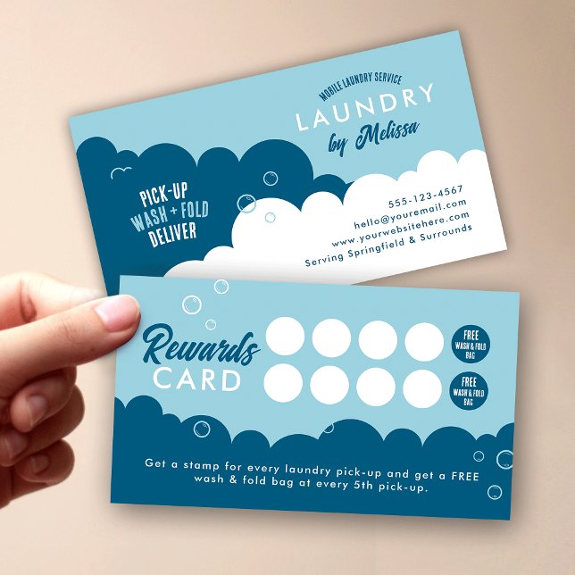 Modern Pick-Up Laundry Service Blue & White Treuekarte (Modern laundromat customer loyalty cards in blue and white)