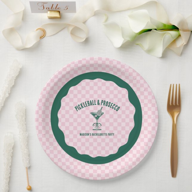 Modern Pickleball & Prosecco Junggesellinnen-Absch Pappteller (Hochzeit)