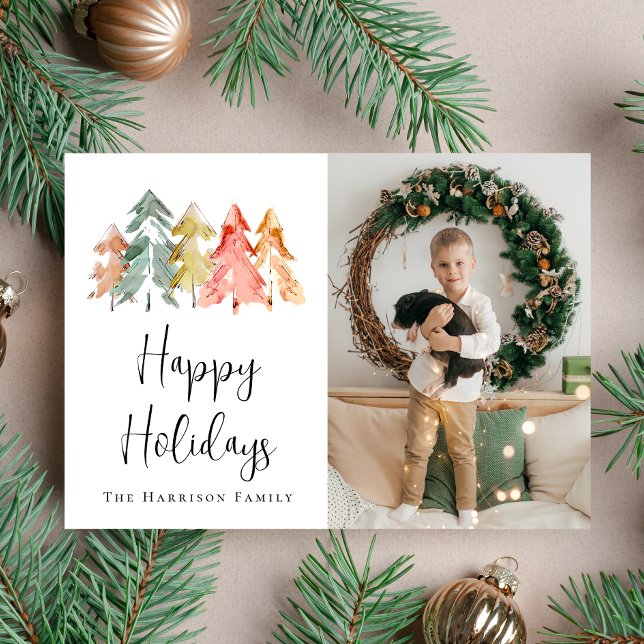 Modern Pine Tree Foto Wasserfarben Weihnachten (Share the love and warmth of the holiday season with this personalized photo Christmas card)